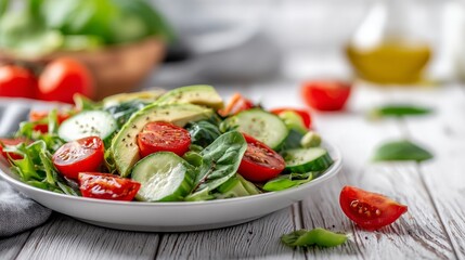 Fresh vegan salad with avocado, tomato, cucumber and lettuce
