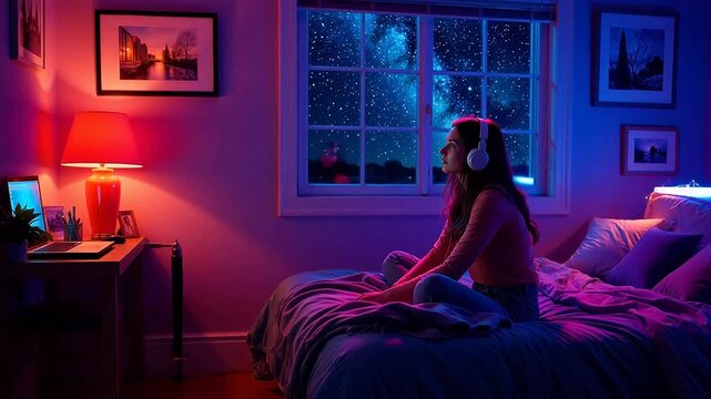 Woman sitting on bed looking out window