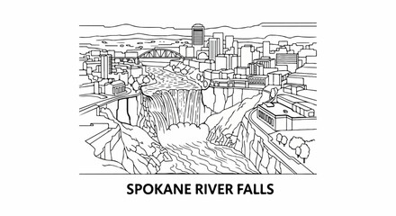 Panoramic illustration of a city skyline featuring large waterfalls and a bridge