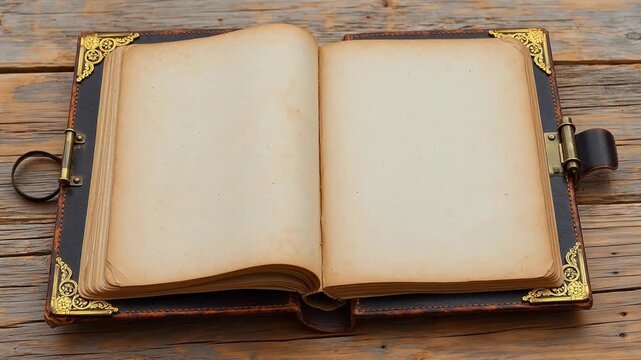 Open vintage book on wooden surface
