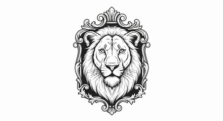 Fototapeta premium Ornate framed lion head illustration, black and white, classic style