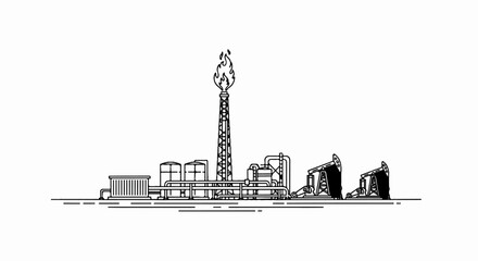 Fototapeta premium Oil refinery with flare stack and pump jacks