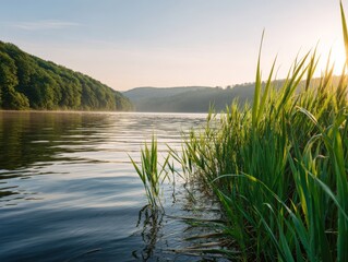 Reeds on lake at golden hour during sunrise