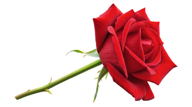 A single red rose with stem and leaves viewed from the side on a plain background