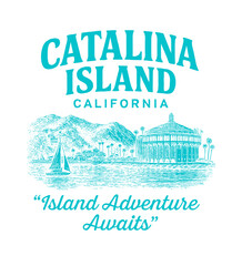 Scenic coastal view of Catalina Island California with sailing boat and vintage architecture in turquoise blue water and mountain background