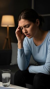 Distressed young woman experiencing symptoms of low blood pressure, arterial hypotension, feeling faint and unwell, seeking comfort and relief at home, health concept