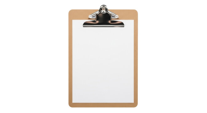 Clipboard with blank paper isolated PNG, brown wooden board with silver clip for notes, checklist, or presentation on transparent background