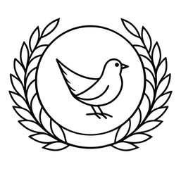 Fototapeta premium A simple black and white line drawing of a bird within a circular laurel wreath design