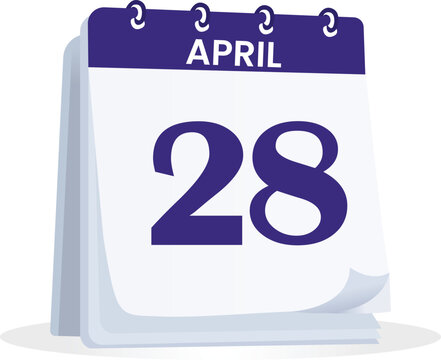 April 28th date Minimal vector calendar illustration showing. White and blue isolated background, flat style March desk calendar design.
