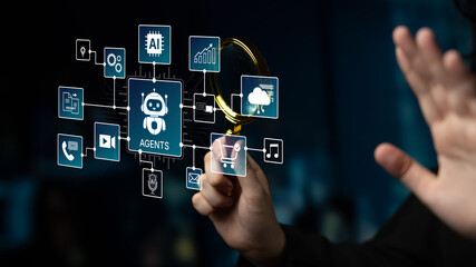 Fototapeta premium AI agents orchestrate workflows across prompts, media, email and analytics. AI coordinates tasks, strengthens operations, and improves efficiency for teams. Corpus