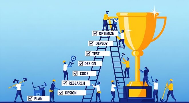 Team Climbing Process Ladder to Success Trophy Development Workflow