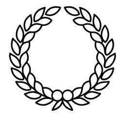A simple black and white illustration depicting a circular laurel wreath with a floral detail
