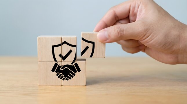 Hand skillfully completes a wooden block puzzle depicting two fists bumping, symbolizing power, solidarity, and teamwork.