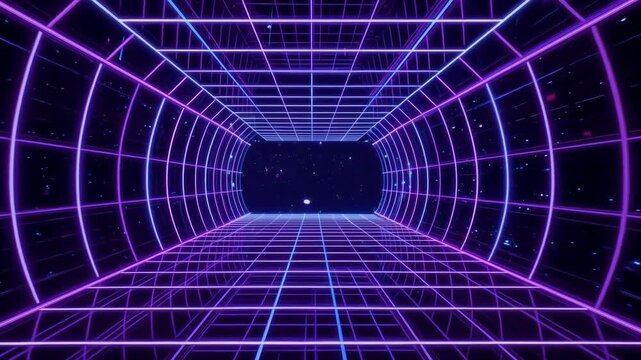 Futuristic neon tunnel with glowing purple and blue grid lines forming a retro sci-fi corridor in deep space. Abstract digital environment inspired by cyberpunk, synthwave
