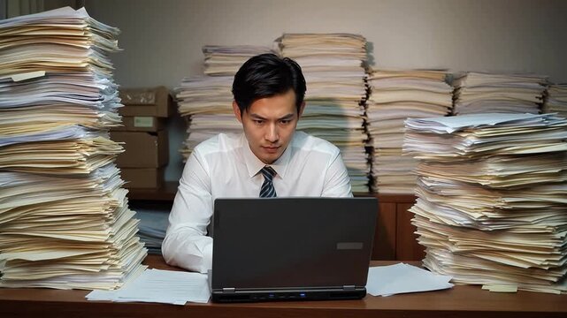 Man working at desk surrounded by stacks of papers