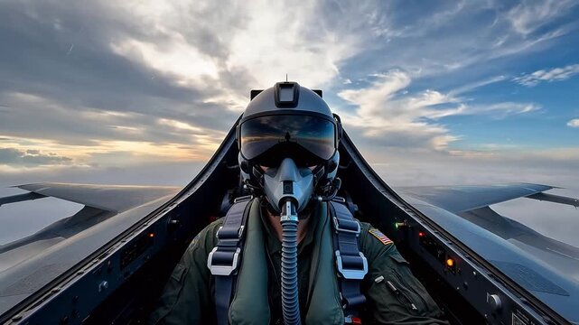 Pilot in cockpit with cloudy sky
