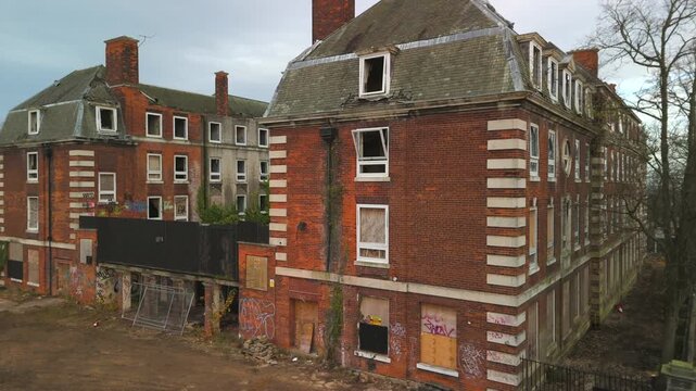 Westgate Road nurses building demolition renovation works. Drone point of view on quiet morning