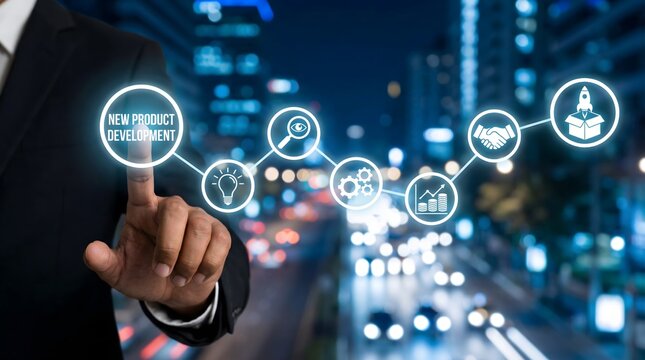 Businessman's finger activates "new product development" on a glowing network of innovation icons against a blurred city lights backdrop at night.