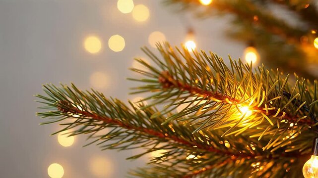Closeup of Christmas tree branch with lights