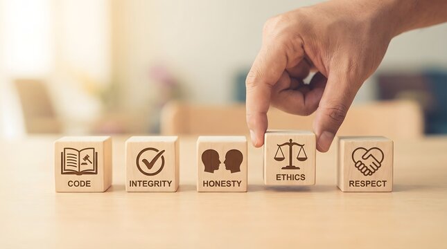 Hand places a wooden block labeled "ethics" with a scale icon into a row of fundamental corporate values.