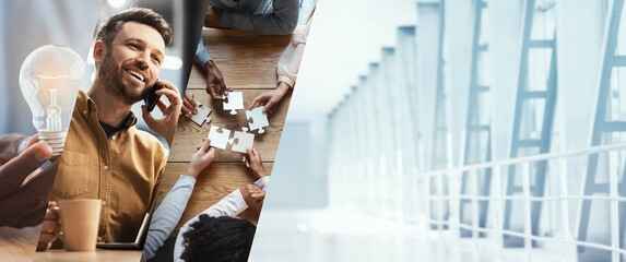 Successful businessman sits at his desk in a modern office. He uses a laptop, laughs, and glances...