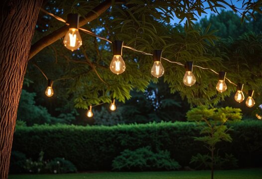 Hanging string lights on a tree branch. Outdoor evening garden setting with luminaria lighting.