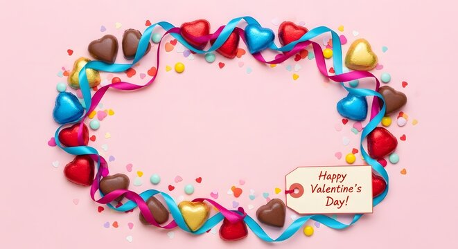 Colorful heart shaped chocolates arranged in oval frame with blue and pink ribbons and confetti greeting card with happy valentines day text on pink background festive seasonal romantic composition