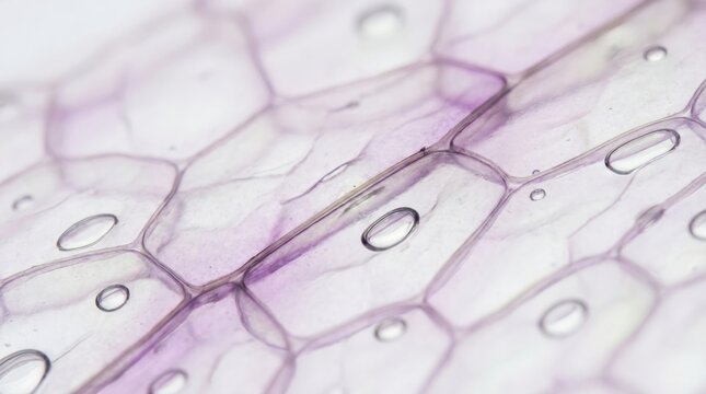 Extreme close-up of purple onion skin cells under a microscope, revealing hexagonal shapes and water droplets, perfect for science and biology.