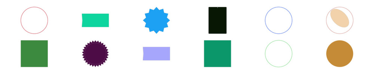 Colorful collection of diverse geometric shapes and modern badge templates, ideal for graphic design projects and decorative elements.