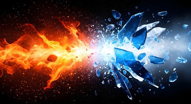 Dynamic clash of roaring fiery orange flames and exploding sharp blue ice shards in high contrast close up digital composition representing heat versus cold energy battle in vivid detail