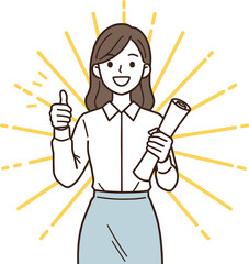 Confident smiling woman giving thumbs up and holding document, success and motivation concept illustration with yellow rays, achievement, confidence, approval and business inspiration vector art