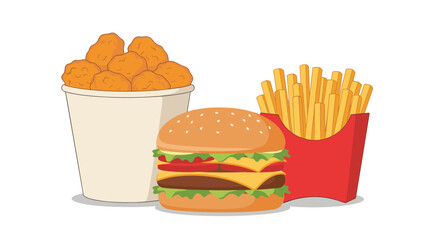 Classic fast food meal featuring a delicious double cheeseburger, a side of crispy French fries, and a serving of golden chicken nuggets.