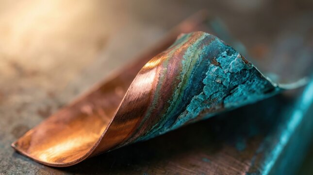 Macro of corroded copper surface showing patina, verdigris, and oxidized textures in warm, aged metallic tones.