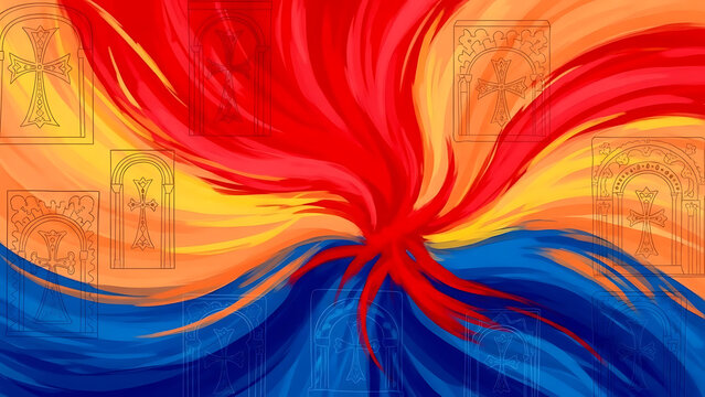 Vibrant abstract painting swirling colors resembling armenian flag overlaid with traditional khachkar outlines