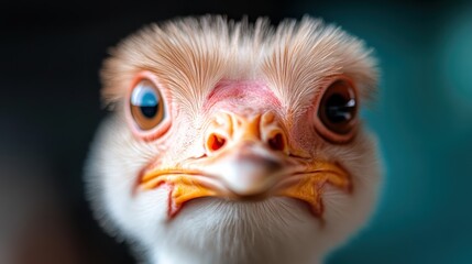 A captivating close-up of a bird's face surprises viewers with its expressive eyes and unique features, offering insight into the beauty of wildlife and animal behavior.