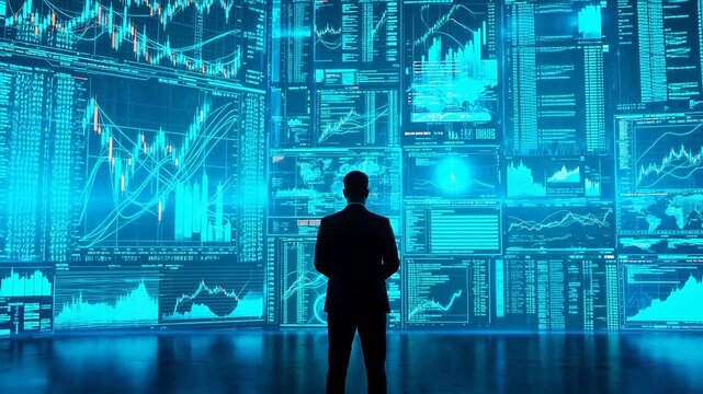 Businessman in front of digital data screens