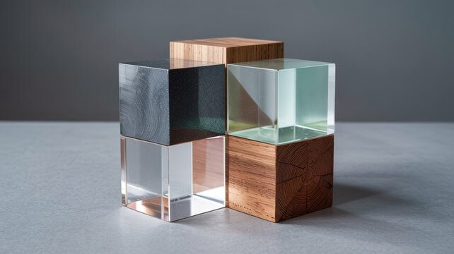 Ineinandergreifende W&uuml;rfel aus Stahl, Glas und Holz