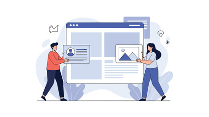 Collaborative team designing and building a website, actively dragging and dropping interface elements onto a large browser window, symbolizing web development and design.