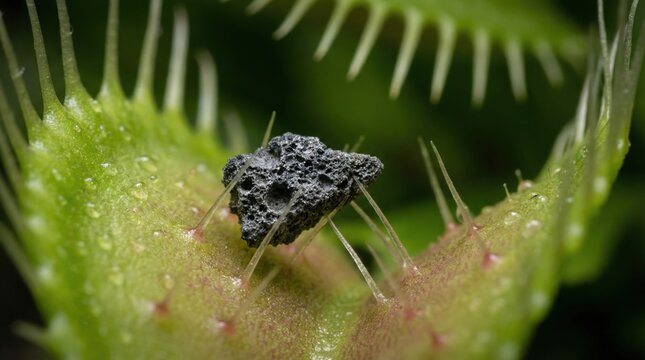 Macro shot of a Venus flytrap with a small porous rock trapped inside its open jaws, symbolizing nature's capture.