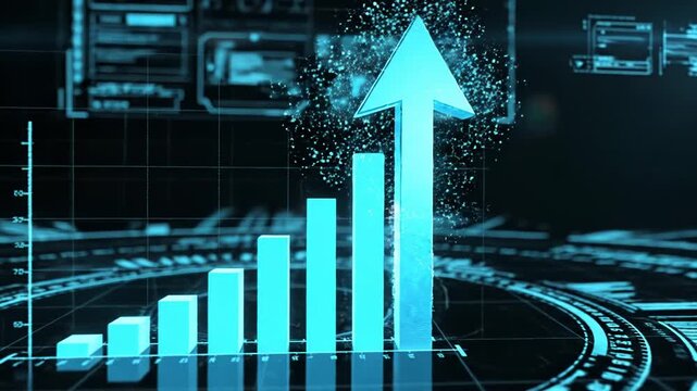 Futuristic blue bar graph on a dark background with a grid and technical design