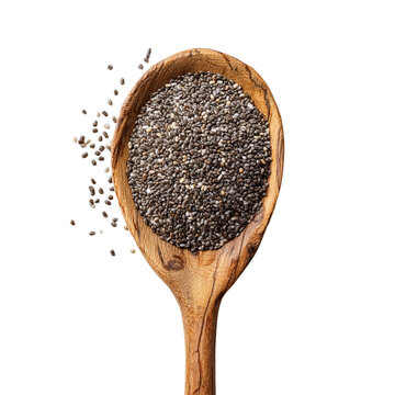PNG of Close-up of a wooden spoon filled with chia seeds, showcasing their rich texture.