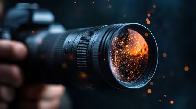 A close-up view of a camera lens captures dynamic light effects and sparkles, emphasizing the art of photography and the beauty of visual storytelling.