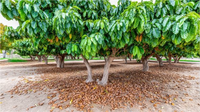 Coffee trees growing under shade forest canopy. Agroforestry coffee plantation with lush green foliage. Sustainable farming and tropical agriculture landscape