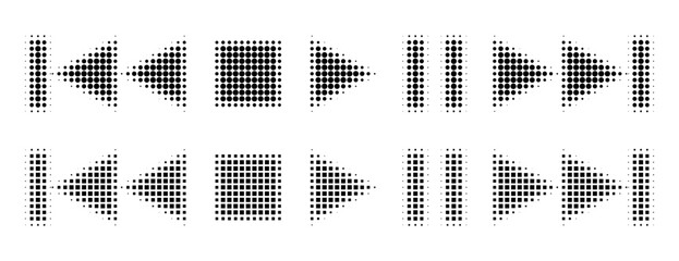 Media player icons with halftone gradient dots. Play, pause, stop buttons in retro style. Control symbols for video and audio interface design on white background. © 2olotarev