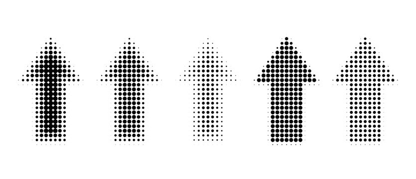 Directional arrow set with halftone patterns and gradient dots. Vector icons for navigation, featuring circular gradation effects and dynamic graphic elements.