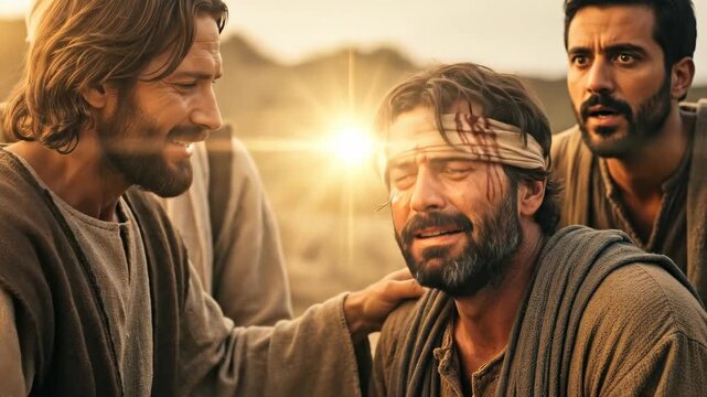 Jesus Christ, compassionate spiritual leader, divinely heals a blind man, restoring pure sight, a powerful biblical miracle demonstrating profound faith and religious theology