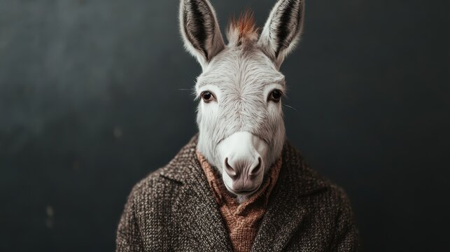A creatively dressed donkey wearing a coat poses against a dark background, blending human characteristics with animal charm, capturing whimsical artistry and unique imagination.