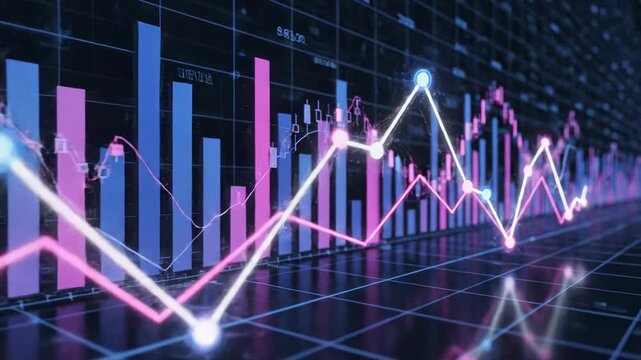 Financial graph with neon lines and bars on a dark background