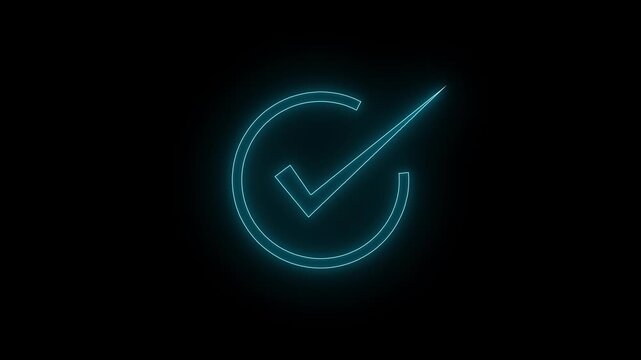  Neon Tick mark icon seamless loop.Glowing neon line Tick mark or confirm icon animation.Minimal neon Check Mark icon on black background. 4k video
