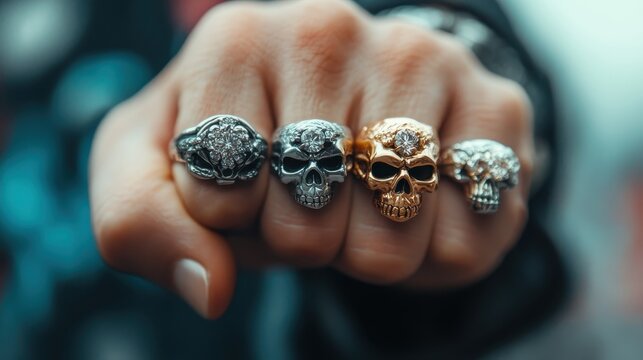 An edgy display of skull-themed rings captures attention with their intricate designs, representing rebellion and alternative fashion aesthetics.
